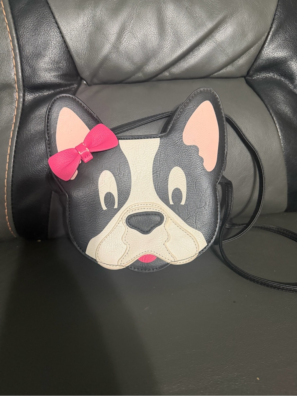 Kids Black & Cream Puppy Crossbody Bag with Pink Bow